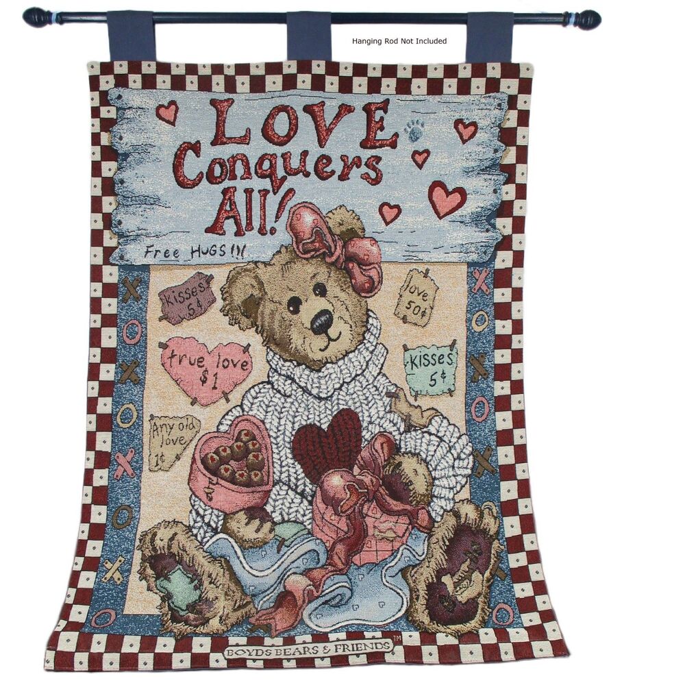 Vintage Boyds Bears Wall Hanging Tapestry 28x38 Love Conquers All Woven Top Tabs